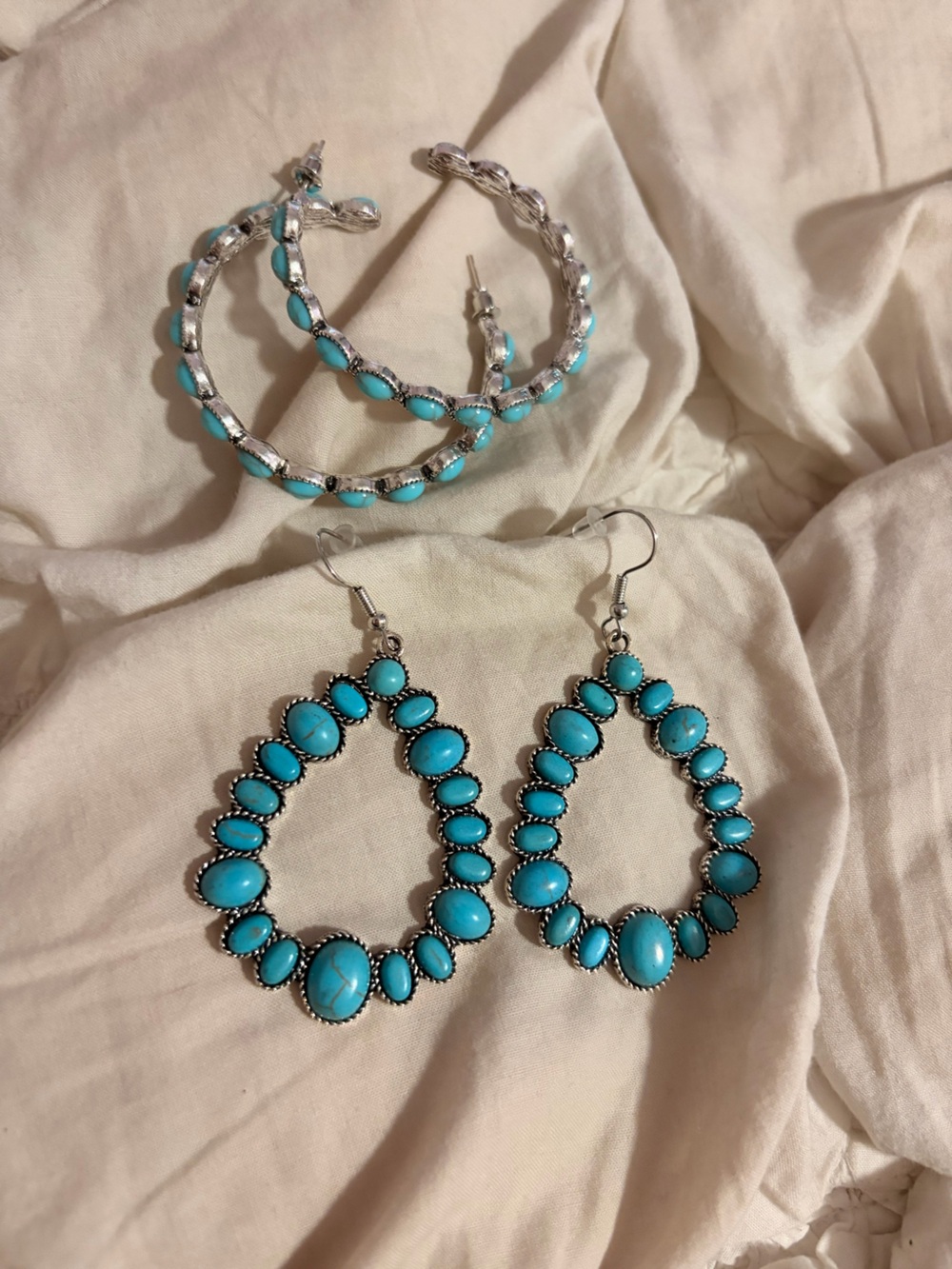 Set of 2 Turquoise Style Earrings Western Hoop and Teardrop Dangle